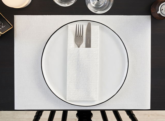 White linen feel placemat with matching napkin and cutlery